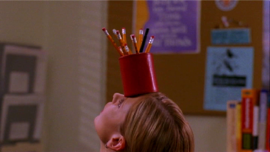 Selfless - Buffy balancing a pot of pencils on her head